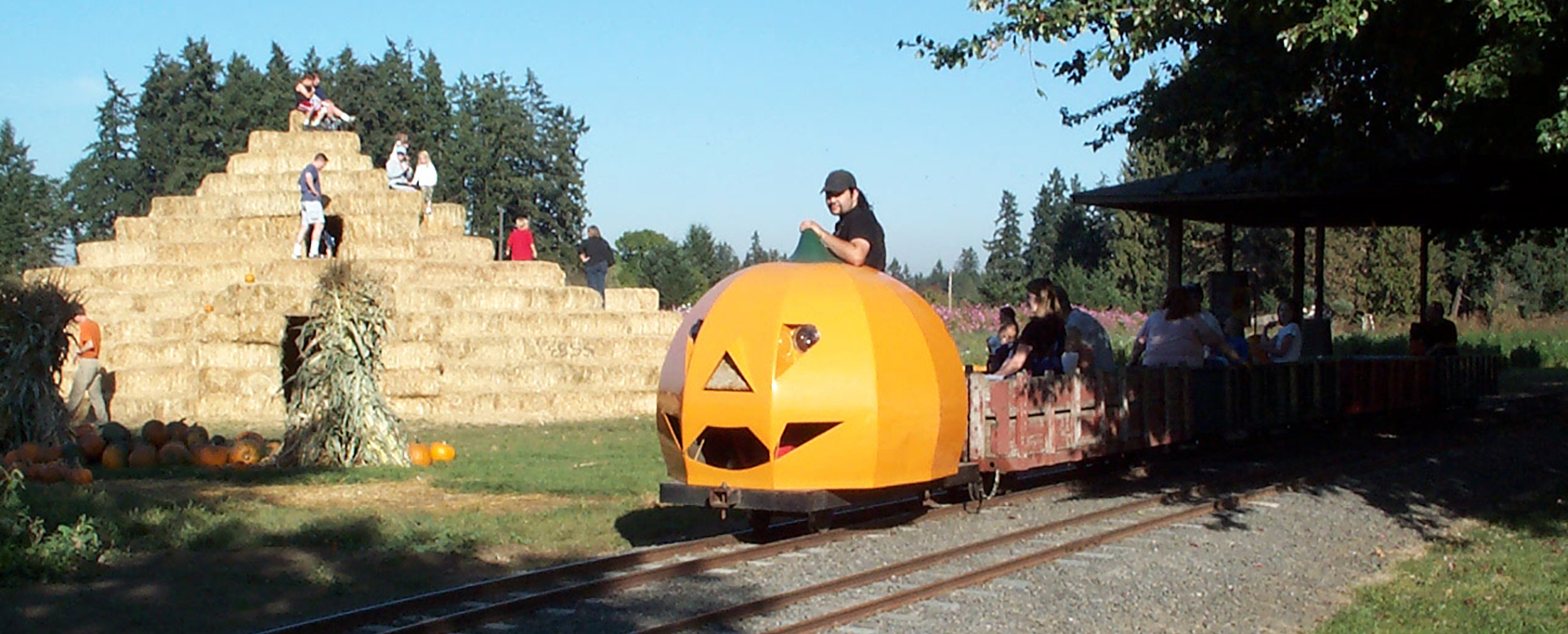boo train in front of the hay tower